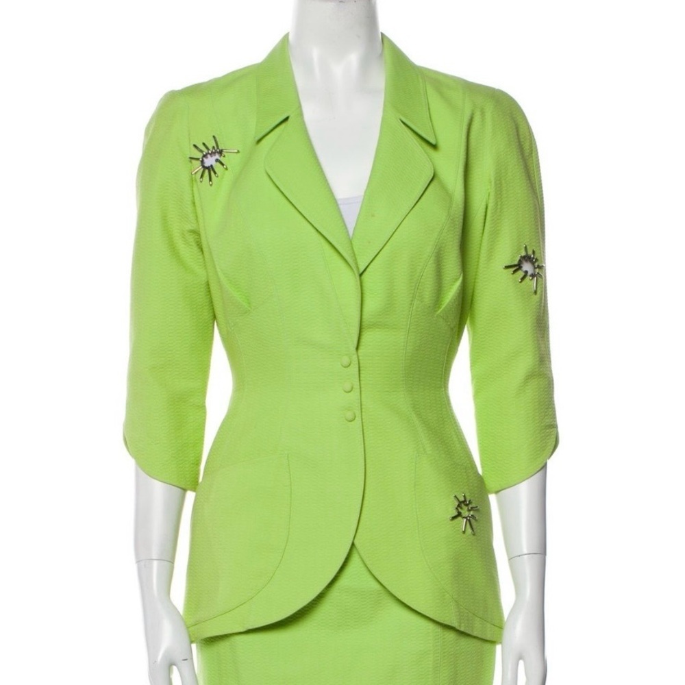 Thierry Mugler Vintage Melon Green Silver Grommet Snap-Front Jacket Size 38